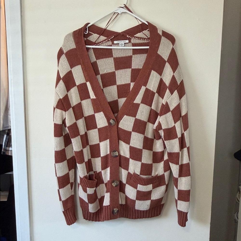 American Eagle Outfitters Plaid Cardigan in Brown and Cream